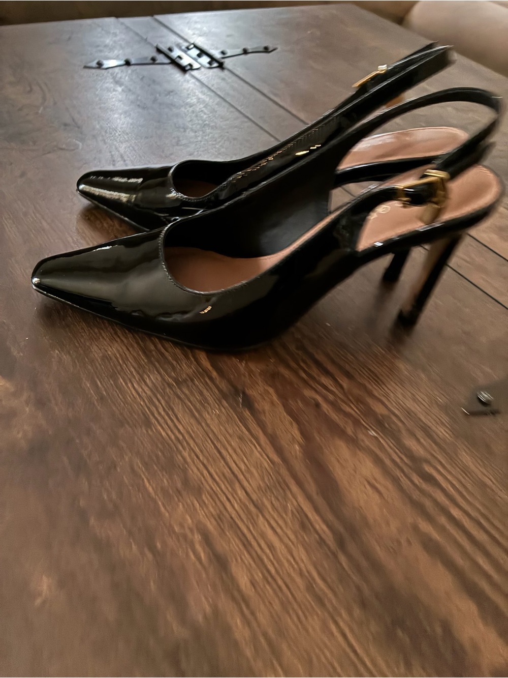 Kurt Geiger Black Patent Pointed Slingback Heels with Gold Buckle